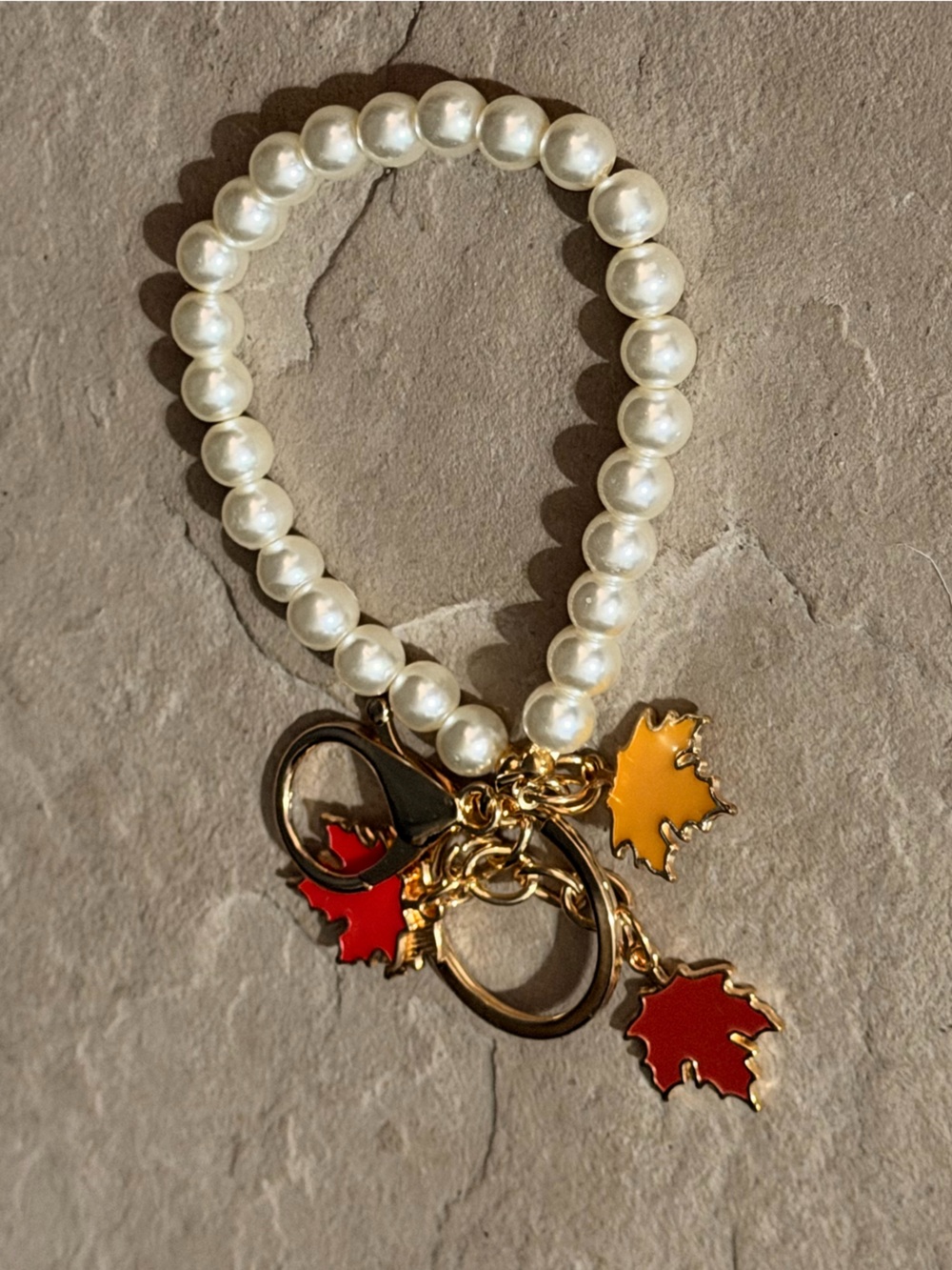 Pearl Beaded Bag Charm/Keychain with Red & Orange Maple Leaf Charms